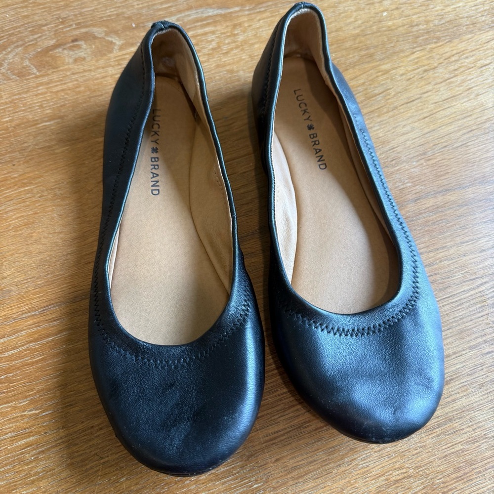 Lucky Brand Emmie Black Leather Round-Toe Ballet Flats 8.5